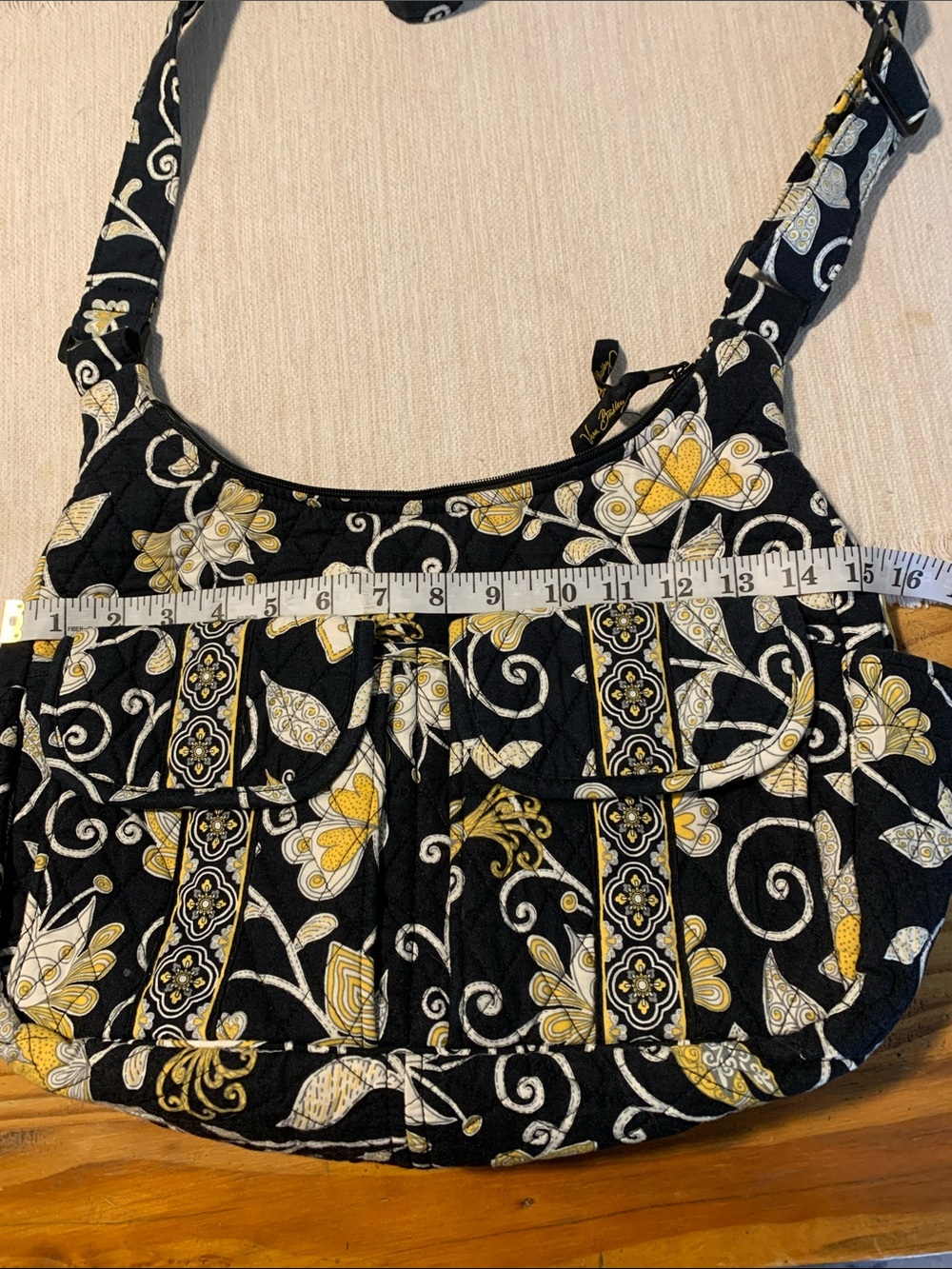 Quilted Floral Crossbody Shoulder Bag - Black & Yellow - Picture 7 of 12